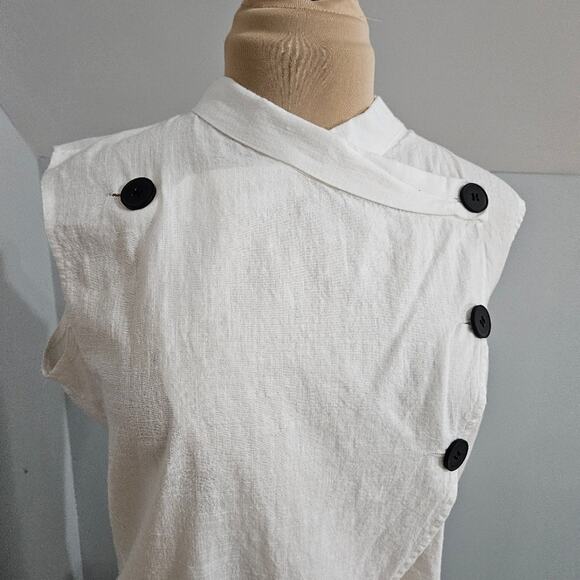 Sleeveless White Swim Coverup Tunic Dress Black Button Accents Crossover Neck - Picture 7 of 12